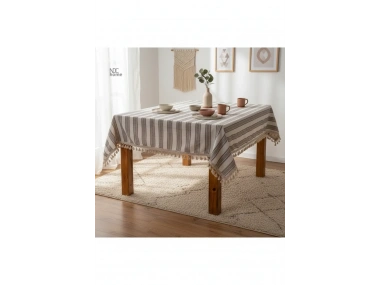 Buldan Dokuması Keten Kahverengi Çizgili Ponponlu Masa Örtüsü