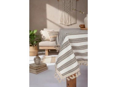 Buldan Dokuması Keten Kahverengi Çizgili Ponponlu Masa Örtüsü