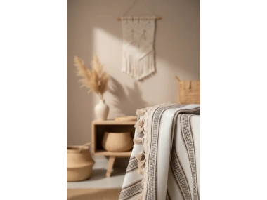 Buldan Dokuması Keten Kahverengi Çizgili Ponponlu Masa Örtüsü