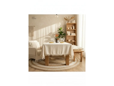 Buldan Dokuması Çizgili Krem Keten Ponponlu Masa Örtüsü