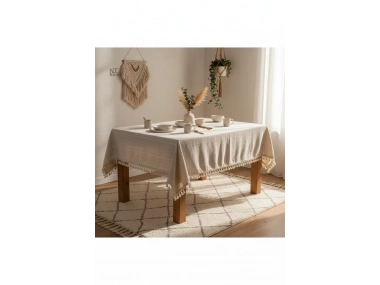 Buldan Dokuması Çizgili Krem Keten Ponponlu Masa Örtüsü