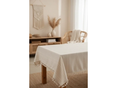 Buldan Dokuması Çizgili Krem Keten Ponponlu Masa Örtüsü