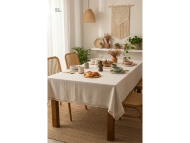 Buldan Dokuması Çizgili Krem Keten PASALI Masa Örtüsü
