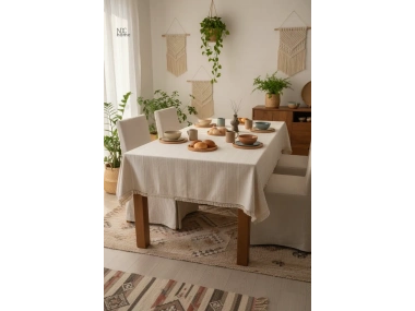 Buldan Dokuması Çizgili Krem Keten PASALI Masa Örtüsü
