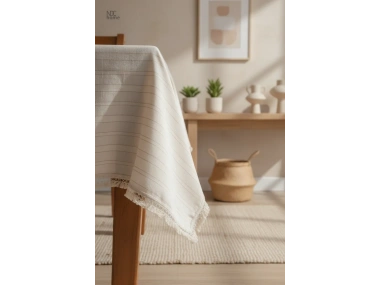 Buldan Dokuması Çizgili Krem Keten PASALI Masa Örtüsü