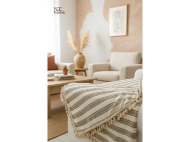 Premium Keten Kahverengi Çizgili Bej Ponponlu Koltuk Örtüsü (170 x 220)