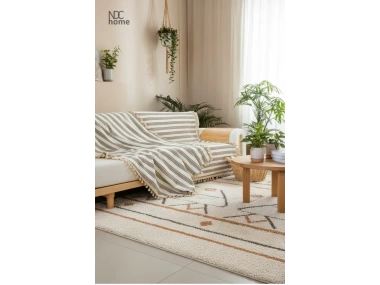 Premium Keten Kahverengi Çizgili Bej Ponponlu Koltuk Örtüsü (170 x 220)