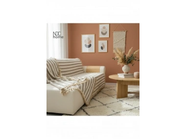 Premium Keten Kahverengi Çizgili Bej Ponponlu Koltuk Örtüsü (170 x 220)