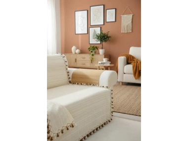 Buldan Dokuması Keten Ponponlu Koltuk Örtüsü (170 x 220)