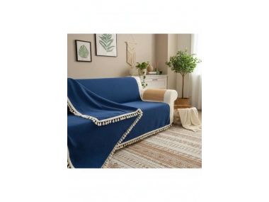 Premium Keten Lacivert Ponponlu Koltuk Örtüsü (170 x 220)