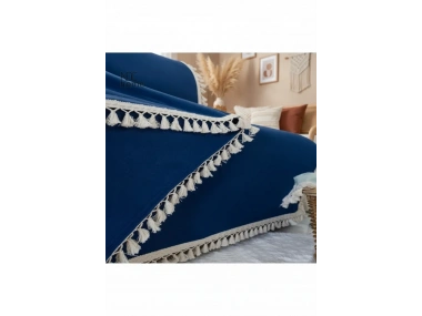 Premium Keten Lacivert Ponponlu Koltuk Örtüsü (170 x 220)