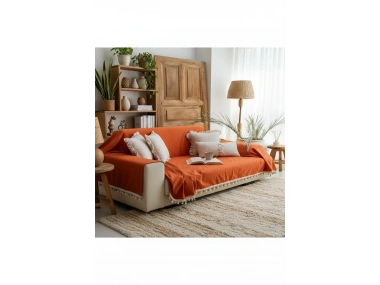 Premium Keten Tarçın KAHVERENGİ Ponponlu Koltuk Örtüsü (170 x 220)