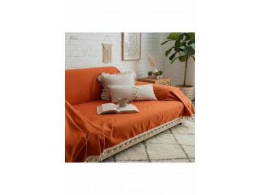 Premium Keten Tarçın KAHVERENGİ Ponponlu Koltuk Örtüsü (170 x 220)