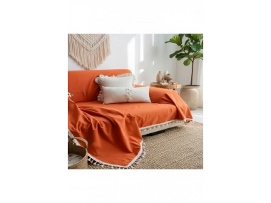 Premium Keten Tarçın KAHVERENGİ Ponponlu Koltuk Örtüsü (170 x 220)