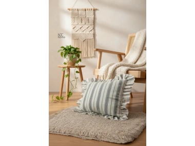 Premium Keten Gri Kalın Çizgili Fırfırlı KIrlent Kırlent Kılıfı (43 x 43 )