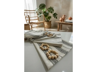 Gri Kalın Çizgili Keten 6lı Peçete Takımı (Toka Hediyeli)