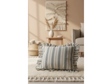 Premium Keten Gri Kalın Çizgili Fırfırlı KIrlent Kırlent Kılıfı (43 x 43 )