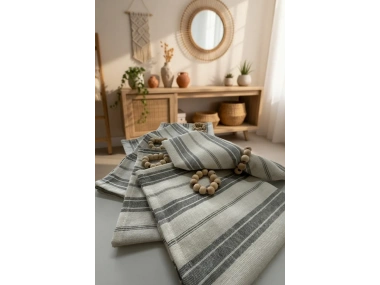 Gri Kalın Çizgili Keten 6lı Peçete Takımı (Toka Hediyeli)