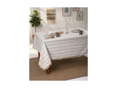 Keten Gri Antrasit Çizgili Ponponlu Masa Örtüsü