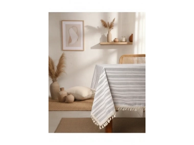 Keten Gri Antrasit Çizgili Ponponlu Masa Örtüsü