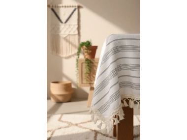 Keten Gri Antrasit Çizgili Ponponlu Masa Örtüsü