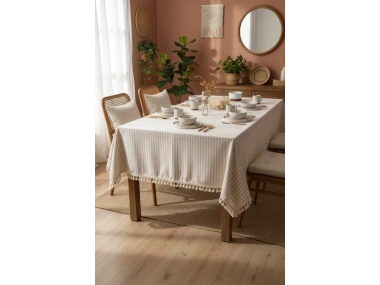 Bej Çizgili Keten Ponponlu Masa Örtüsü