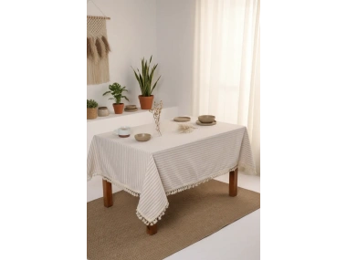 Bej Çizgili Keten Ponponlu Masa Örtüsü