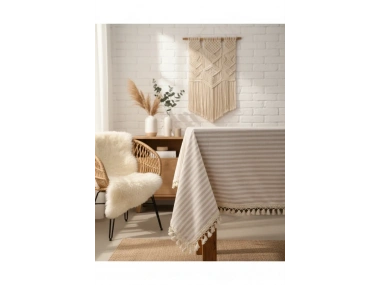 Bej Çizgili Keten Ponponlu Masa Örtüsü