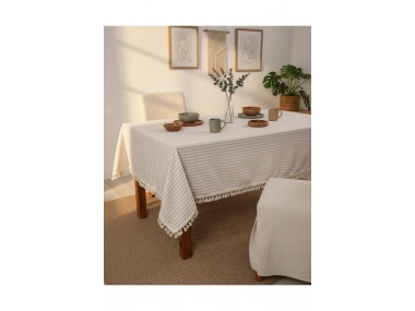 Bej Çizgili Keten Ponponlu Masa Örtüsü