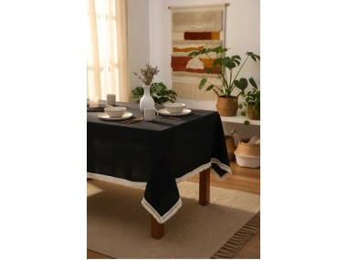 Premium Siyah Keten Pasalı Masa Örtüsü