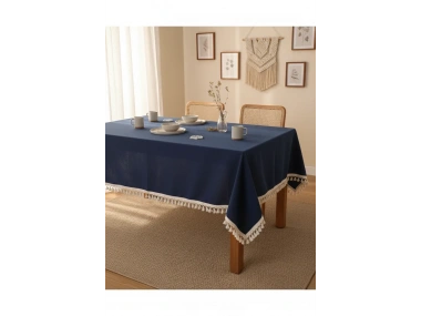 Premium Keten Lacivert Ponponlu Masa Örtüsü