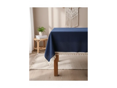 Premium Keten Lacivert Ponponlu Masa Örtüsü