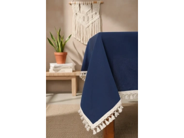 Premium Keten Lacivert Ponponlu Masa Örtüsü