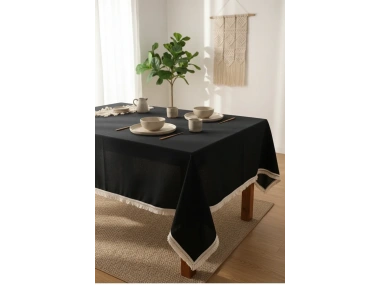 Premium Siyah Keten Pasalı Masa Örtüsü