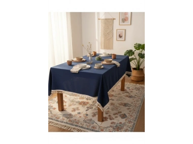 Premium Keten Lacivert Ponponlu Masa Örtüsü
