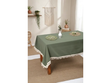 Premium Keten Haki Ponponlu Masa Örtüsü