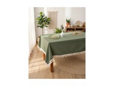 Premium Keten Haki Ponponlu Masa Örtüsü