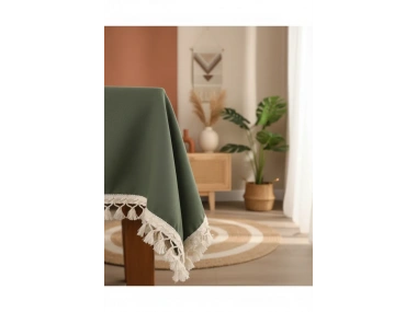 Premium Keten Haki Ponponlu Masa Örtüsü