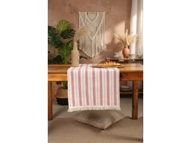 Bordo Çizgili Püsküllü Runner Masa Örtüsü(45 x 150)