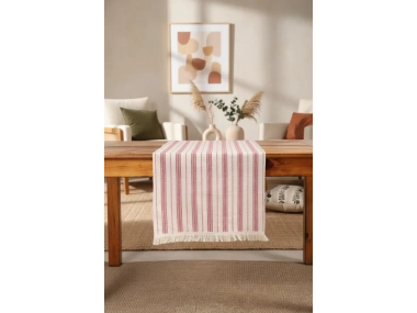 Bordo Çizgili Püsküllü Runner Masa Örtüsü(45 x 150)