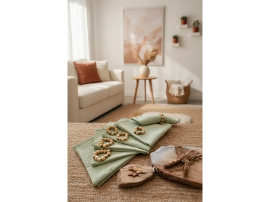 Premium Keten Adaçayı Yeşili 6Lı Peçete Takımı (40x40) Toka Hediyeli