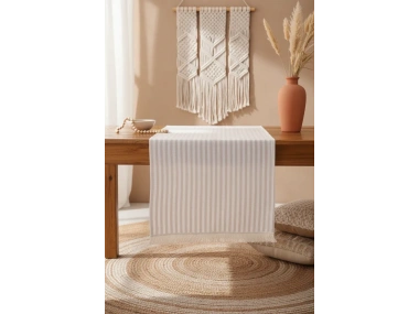 Keten Açık Kahve Çizgili Püsküllü Runer Masa Örtüsü (45 x 150)