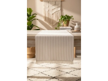 Keten Açık Kahve Çizgili Püsküllü Runer Masa Örtüsü (45 x 150)