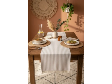 Keten Açık Kahve Çizgili Püsküllü Runer Masa Örtüsü (45 x 150)