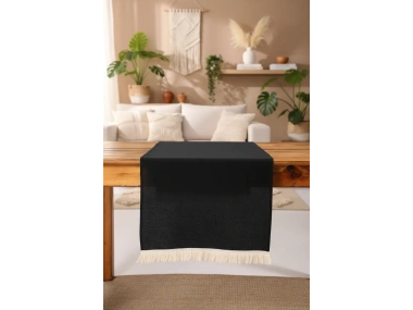 Premium Keten Siyah Püsküllü Runner Masa Örtüsü(45 x 150)