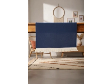 Premium Keten Lacivert Püsküllü Runner Masa örtüsü(45 x 150)