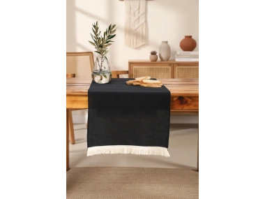 Premium Keten Siyah Püsküllü Runner Masa Örtüsü(45 x 150)