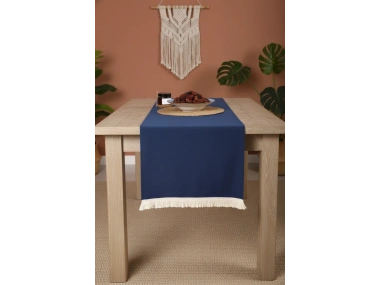 Premium Keten Lacivert Püsküllü Runner Masa örtüsü(45 x 150)