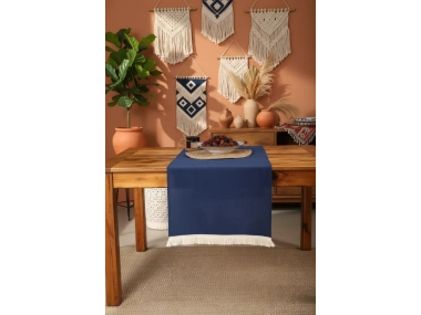 Premium Keten Lacivert Püsküllü Runner Masa örtüsü(45 x 150)