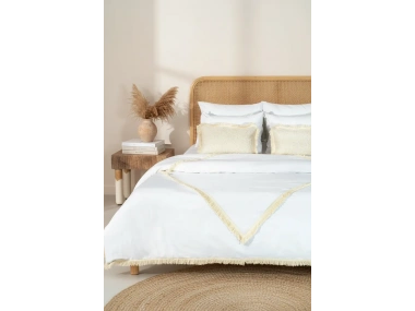 BATTAL Boy Beyaz Keten Çoklu Püsküllü Nevresim Seti